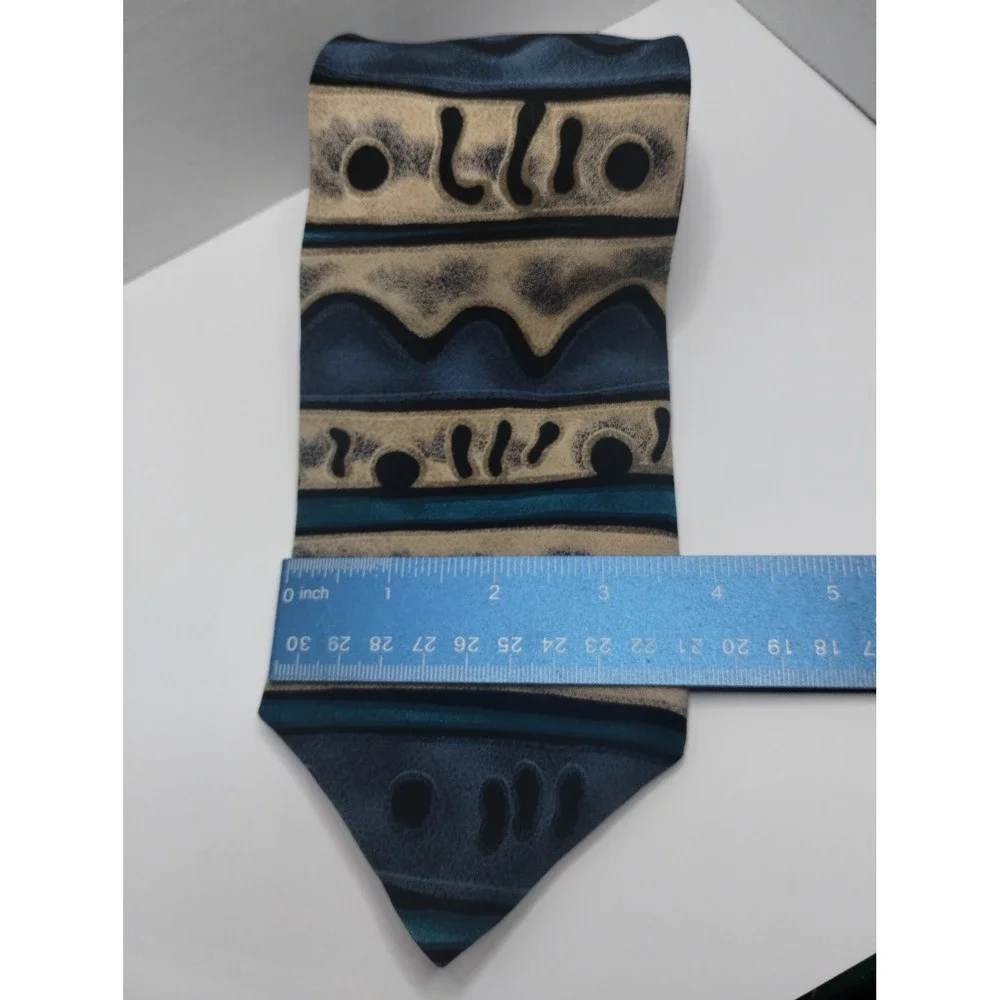 Oscar de la Renta Couture Collection Silk Tie Blue Tan Abstract Geometric 90s‎